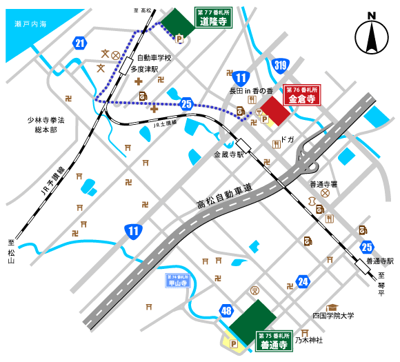 道隆寺から金倉寺への地図